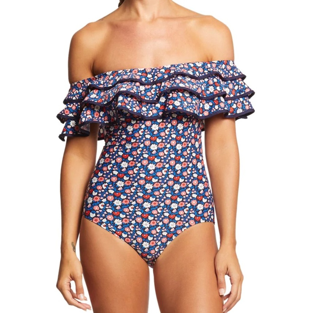 Kate Spade Blue and Pink One Piece Swimsuit with Ruffled Off-Shoulder Design